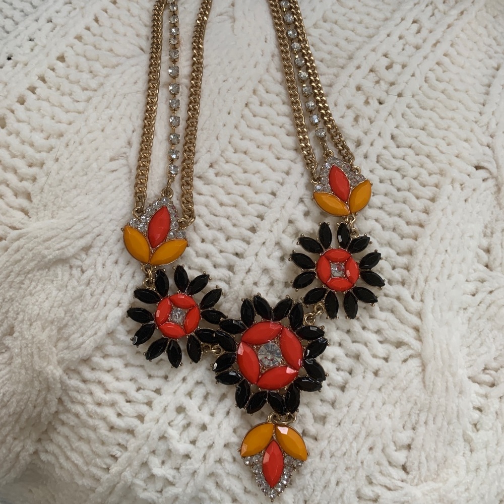 J. Crew Gold rhinestone Necklace with burnt orange and black details